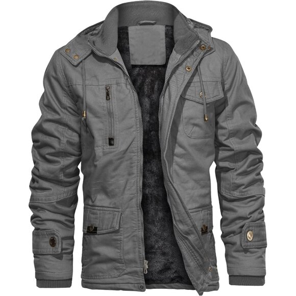 Mens Light Gray Thick Winter Jacket Hooded Fleece Lined Cotton Military Coat - Picture 1 of 6